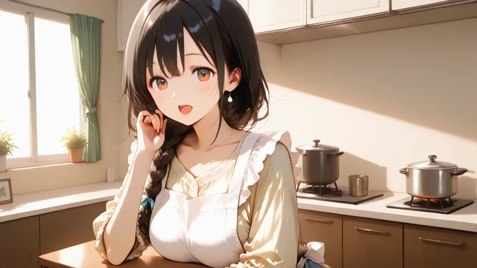 (best quality, masterpiece:1.2), 1girl, (((masterpiece))), top-quality, top-quality, High Details, nakano azusa, 1girl, Cafe waiter uniform, black cat ear, Twin-tailed, length hair, A dark-haired, brown-eyed, solo, reddish, thin red ribbon, Solid white buttoned shirt under blazer, illustratio, comic strip, soothing tones, Subdued Color, Soft cinematic light, adobe lightroom, photolab, HDR, intricately and hyper-detailed、(((depth of fieldasterpiece)))。(((top-quality))).)((ultra-detailliert)))。(((illustratio)))。(((takeout))).dynamic focus.big breasts.(((kitchen))).(((A home))).(((Face of Smile))). open mouth.(((put hands on the stomach))).(((up chest))).((evening glow)).((the setting sun)), solo, anime, anime screencap,  ray tracing, global illumination, ultra resolution image, vivid color,  cinematic light,  lens flare,  light on face, glow eyes,  depth of field, happy, detailed background, cute,  straight-on, dive dress, navel,