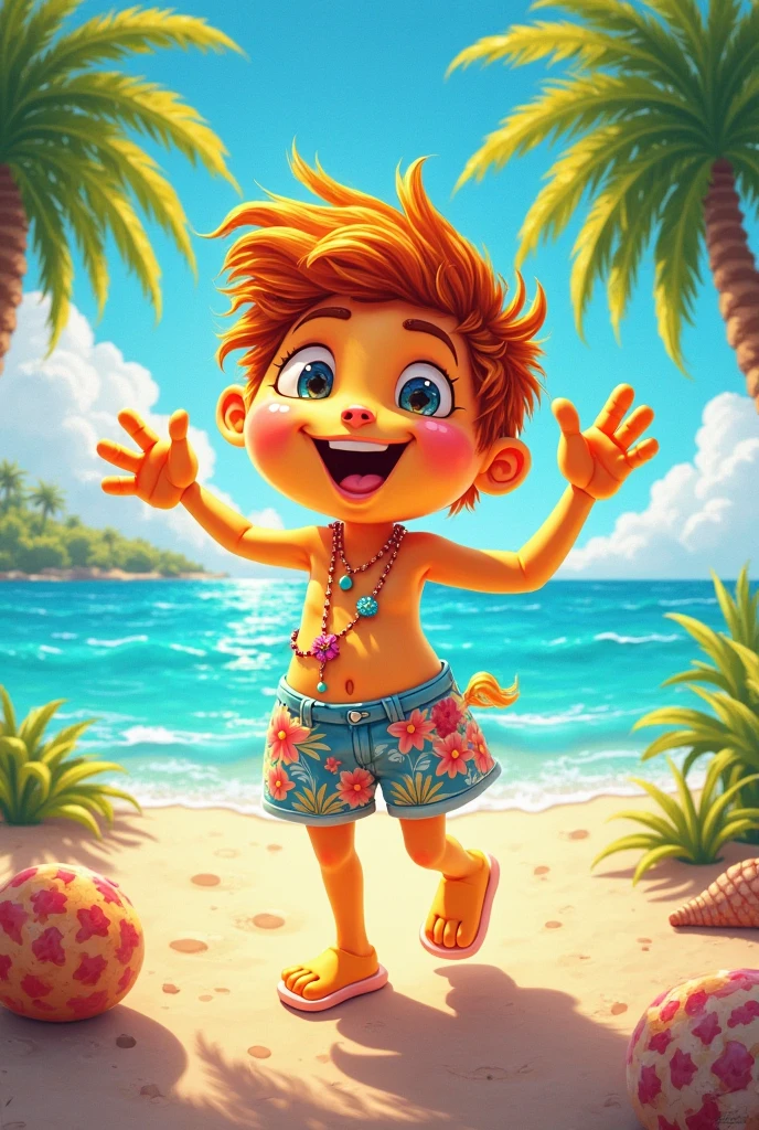 create a blond man on the beach with beach shorts without a shirt facing the sea, but the man must be like a children&#39;s cartoon  (cartoon)