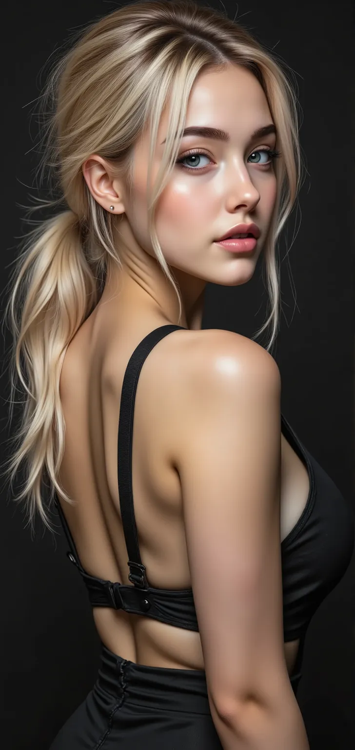 woman pretty, blonde, slick back-hairstyle , blonde bikini ,white skin, pale ,foxy eyeliner, portrait ,no-makeup ,hot,full body ,pale woman painting, eyeliner wonderful highly detailed masterpiece, beautiful light deep focus, elegant, digital painting, smooth, dramatic lighting, ultra realistic, 8k, art , blur