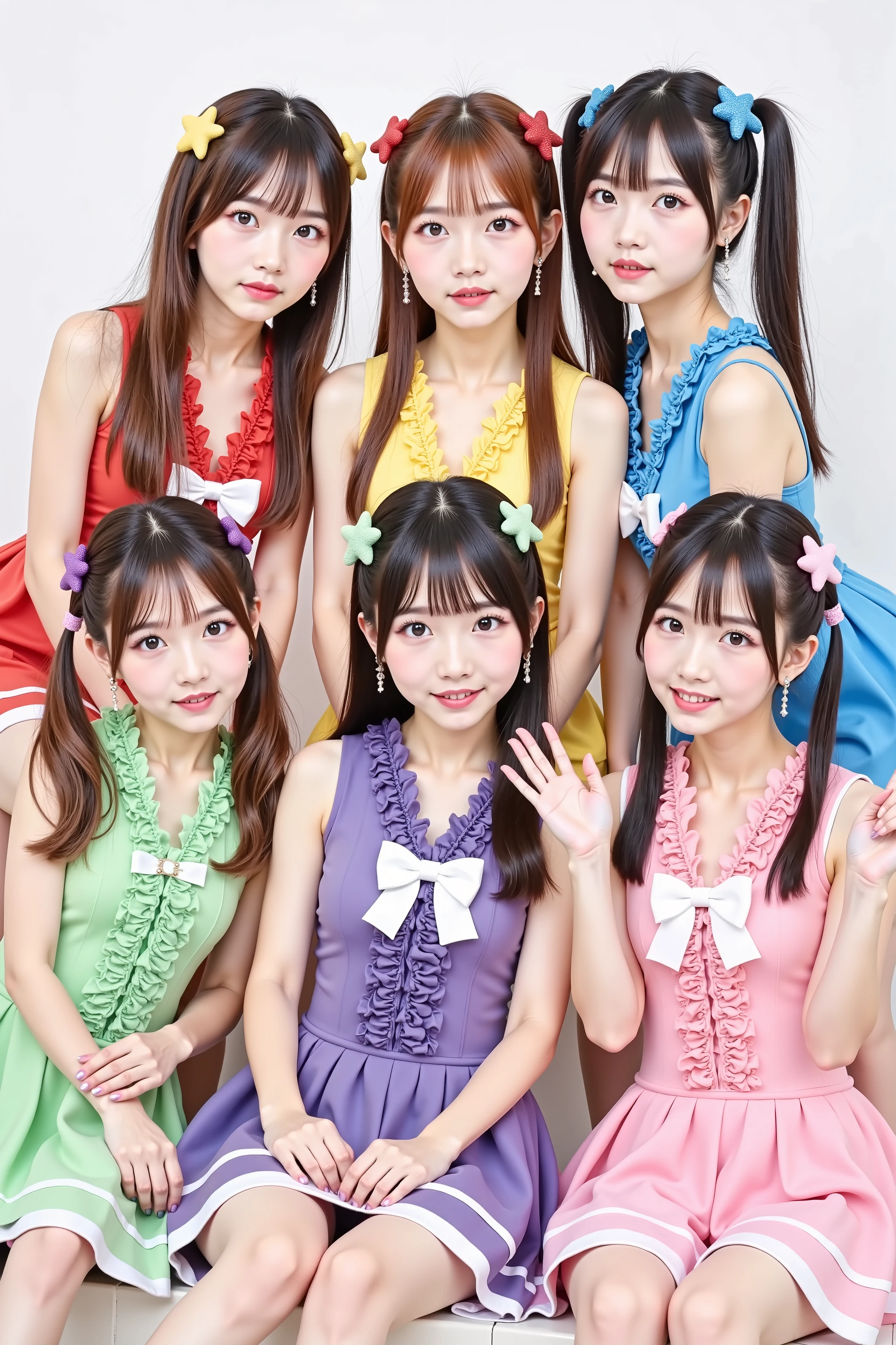 shoot above the knee,((5-person idol unit)),((Attach a large star-shaped hair clip of each color to the head)), ((red:long hair、頭にredい大きな星形のヘアクリップ),(green:short hair、頭にgreenい星形の大きなヘアクリップ)), ((green:Short Bob、 has all the bangs、頭にgreen色で星形の大きなヘアクリップ)), ((Purple:semi-long、頭にPurpleの星形の大きなヘアクリップ)) , ((Pink:twin tails、頭にPinkの星形の大きなヘアクリップ)), (cute idol costumes of each color adorned with ruffles and stars), gather in one place to wave hands and decide each pose