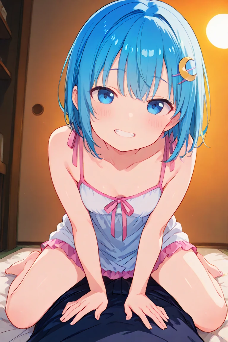 BULMA, teen, long turquoise blue hair, face looking at viewer, naked, doggy style, medium breasts, small nippless, Pussy dripping, orgasm face, on the bed, bedroom, front
