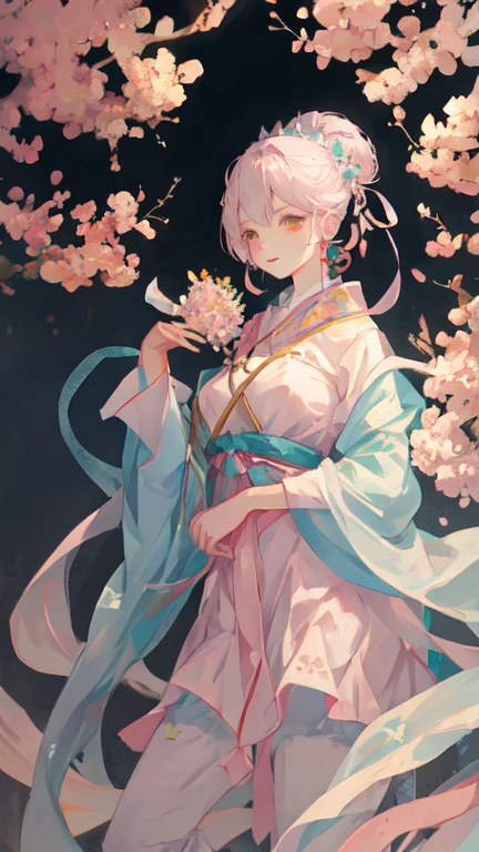 Cute pink green girl IP, Bubble Marte style, wearing a lotus hat, holding koi, feet on pond, lotus leaves, soft color matching, models, blind box toys, delicate luster, OC rendering, best picture quality, 8K, super noise reduction, solid color background --auto