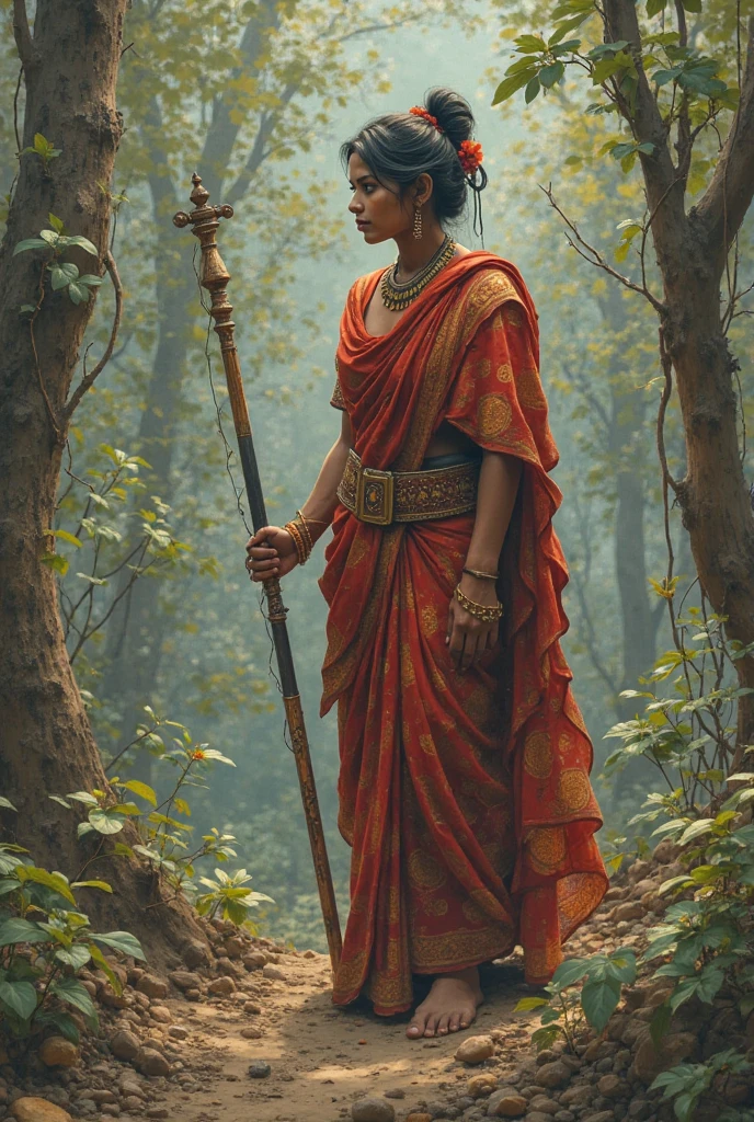 a contemporary concept art of curvaceous Bollywood actress aged 45 as Demigodess yakshi in Agnes Cecile, Ashley Wood and Guy Denning artstyle, beautiful dark skin, yakshi embracing the unknown in a dark ancient forest wearing a white and red  Kerala saree with ornaments, jewelry, and trinkets in dark bright shades of red and black colors, inspired by lores and mythology contemporary india, and darkly divine, dark mystics and red color spatter. 