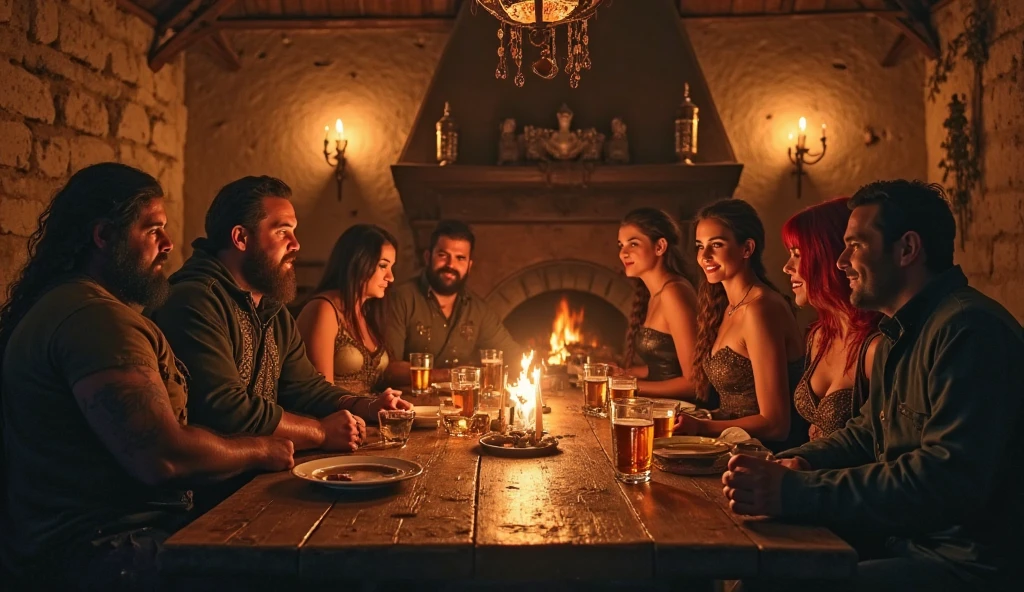 painting of Conan the Barbarian kissing a woman in a room tavern at night, flames, portraits,[oil painting],[detailed characters],[vivid colors],[dimmed lighting],[romantic atmosphere],detailed facial features,warrior with strong muscles and determined expression,feminine charm of the woman with mesmerizing eyes,flowing hair and ruby-red lips,soft candlelight casting warm glow,crackling fire in the fireplace creating a cozy ambiance,barrel tables and wooden chairs adding rustic elements in the room,bottles of wine and tankards of ale on the tables,smoke swirling in the air from the flames,Book of Spells on a dusty shelf,Decorative swords and shields hanging on the walls,bricks and wooden beams creating the rustic architecture,enchanted atmosphere in the tavern,intimate moment captured in the painting,bringing the characters to life,contrast between the powerful warrior and delicate woman,photo-realistic details showcasing every brushstroke,masterpiece that tells a captivating story.