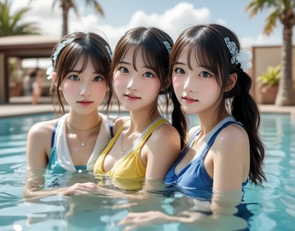 Close-up shot Two plump Japanese high school girls with big breasts wearing shiny school swimsuits are swimming in the school pool Wet feeling Flowing sweat Gushing sweat Wet hair Wet body Wet feeling Short hair pinned up Smile