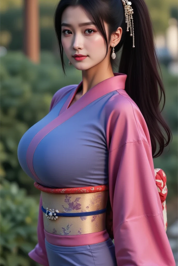 chichi wearing purple dress, convert to real life photo