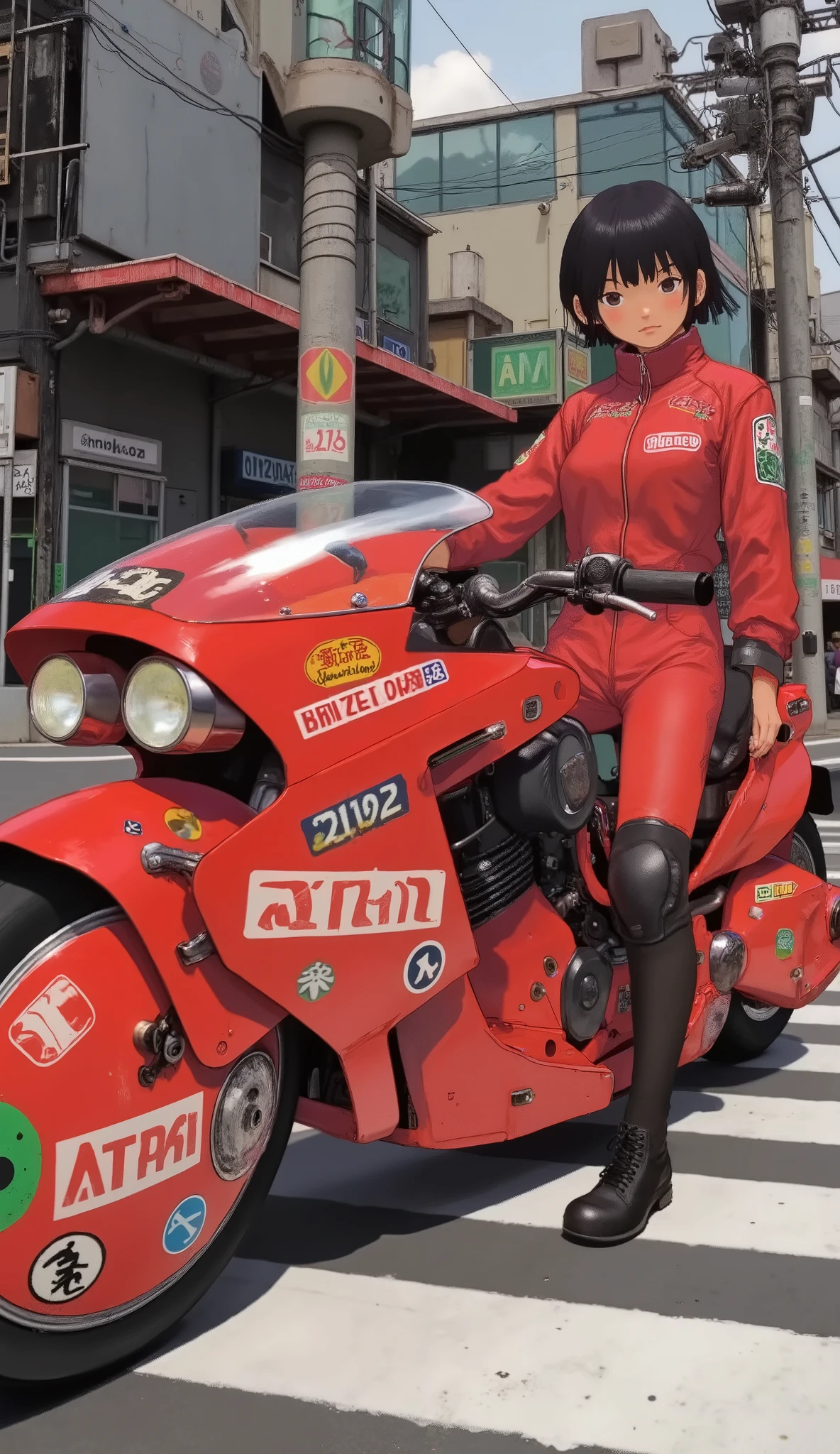 Bulma、confident young people complementing futuristic, Mr.々glossy red motorcycles with, decals, atari, And something similar to NASA. wearing bright red jumpsuits and、with lots of patches and symbols, racing gear, with knee and elbow pads. Japanese kanji and shoe brands Includes stickers of, motorcycle designs. A big, they may be a delivery person or technician in a cyberpunk setting, white road markings like a pedestrian crossing can be seen in the background. I'm also wearing stylish black and red sneakers, creates a contrasting backdrop that highlights the boldness of the character and vehicle. In the foreground, big, black Japanese letters visible, futuristic cities enhancing the atmosphere of Japan.Akira Bike、Bulma