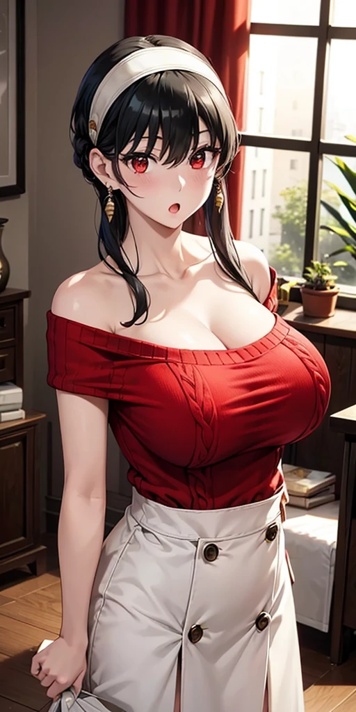 masterpiece, yor, 1girl, solo, looking at viewer, open mouth, black hair, red eyes, dress, bare shoulders, jewelry, collarbone, sidelocks, hairband, earrings, indoors, off shoulder, :o, sweater, arms behind back, plant, short hair with long locks, white hairband, off-shoulder dress, sweater dress, off-shoulder sweater, red sweater, big side hair, very long side hair,(big tits:1.4), (huge tits),cleavage