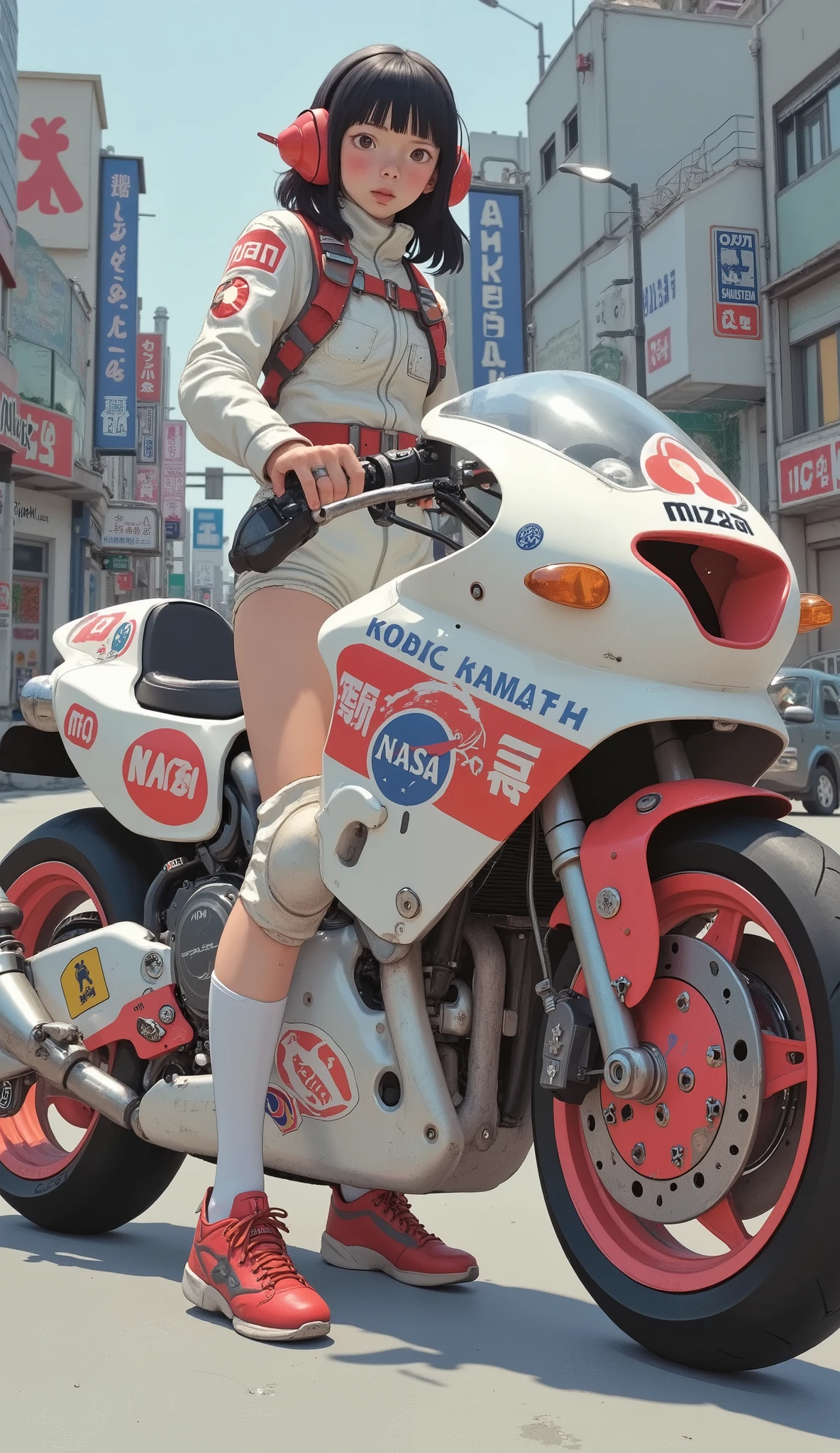 confident young people complementing futuristic, Mr.々decals including branded stickers, A glossy white motorcycle with, atari, And something similar to NASA. She's wearing a bright white jumpsuit and、with lots of patches and symbols, racing gear, with knee and elbow pads. wearing a bright white jumpsuit and, motorcycle designs. A big , they may be a delivery person or technician in a cyberpunk setting. I'm also wearing stylish black and red sneakers, stylish white and orange sneakers create a contrasting backdrop that highlights the boldness of the character and vehicle. futuristic cities enhancing the atmosphere of Japan.Akira Bike、