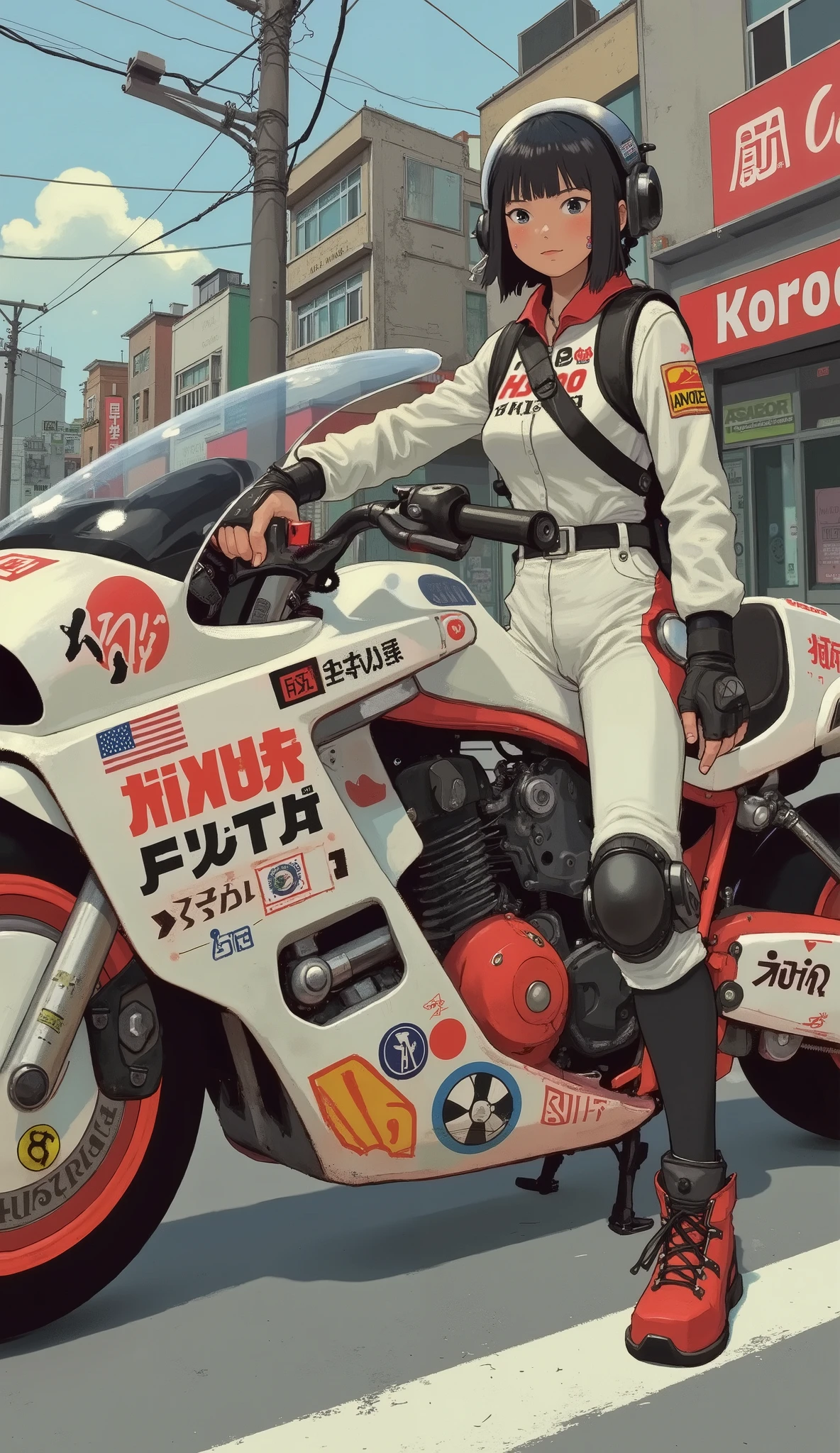 confident young people complementing futuristic, Mr.々decals including branded stickers, A glossy white motorcycle with, atari, And something similar to NASA. She's wearing a bright white jumpsuit and、with lots of patches and symbols, racing gear, with knee and elbow pads. wearing a bright white jumpsuit and, motorcycle designs. A big , they may be a delivery person or technician in a cyberpunk setting. I'm also wearing stylish black and red sneakers, creates a contrasting backdrop that highlights the boldness of the character and vehicle. futuristic cities enhancing the atmosphere of Japan.Akira Bike、