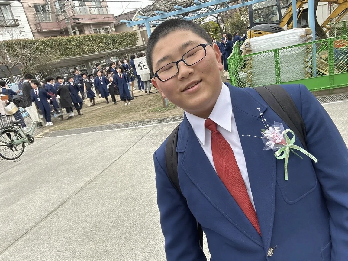 A little boy wearing a blue sweater and white pants，He wears glasses，Holding a laptop in his hand，He stood outside a black gate and knocked，The four words "Guotai Junan" are written on the gate --auto