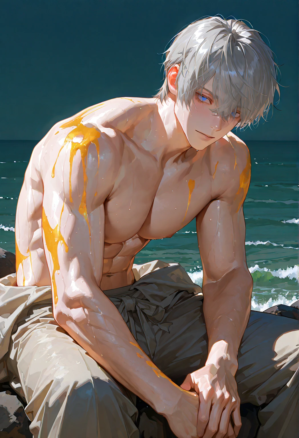 A young boy with white hair，fair skin，handsome，The triangle briefs are wet, so I took half of them off.，裸上半身Soaked in milk，Showing six-pack abs and chest muscles with water droplets on them，Soaked in milk，纖細長腿Soaked in milk，The bottom highlight is very large and dripping，Soaked in milk，Tilting their head back, they wore an expression of comfort.，Sticking out tongue，covered in milk，lie on the floor，There&#39;s milk on your face too，身上Soaked in milk，Complete character，To the light，The light shines on the abdominal muscles，Two people hugging each other&#39;s waist，The characters are smaller