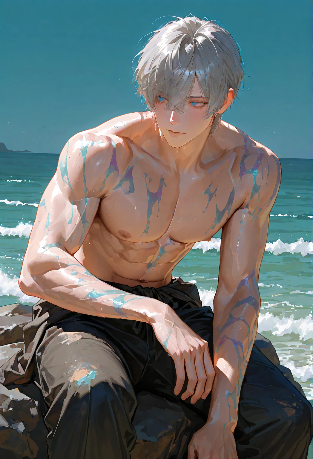 1boy, adult, handsome, perfect face, detailed eyes and face, clean shaved, muscular, capturing a rural atmosphere, dynamic lighting, unreal engine 5, hd picture, satoru gojo, white hair, short hair ,hair between eyes ,blue eyes, white skin, milk pink nipple details, water details, sweat details, Wear a necklace, Water splash