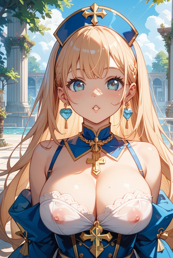 ((highest quality、High resolution))、Portrait、A beautiful woman、Perfect body、beautiful ample breasts、Long blonde、bangs、Blue and white、Embellished blue sexy dress、skirt、a sexually excited look、smile、((I'm inviting you to have sex))、Outdoor Scenery