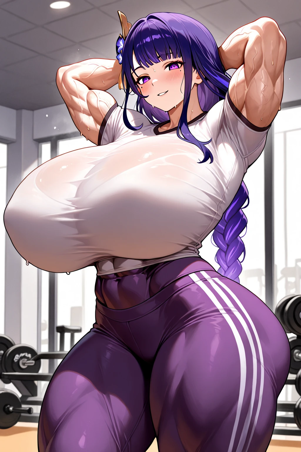 gym, workout, hot, sweating, sweaty, tan, big boobs, tan skin, flustered, blush, purple clothes, see thru, yoga pants, black hair, soaked, wet, naked boobs, cleavage, sittings on ball,sitting on exercise ball, exercise ball, sitting, taking a break,sitting , in pain, painfull, eyes closed, in pain, curvy, purple yogapants, purple pants, ponytail, massive boobs, curvy, sexy, massive boobs, exercise ball, ball, ass, booty, sitting with ass on exercise ball