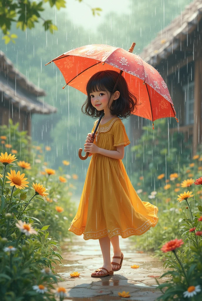 A cute girl standing in rain with umbrella smiling and enjoying the rain