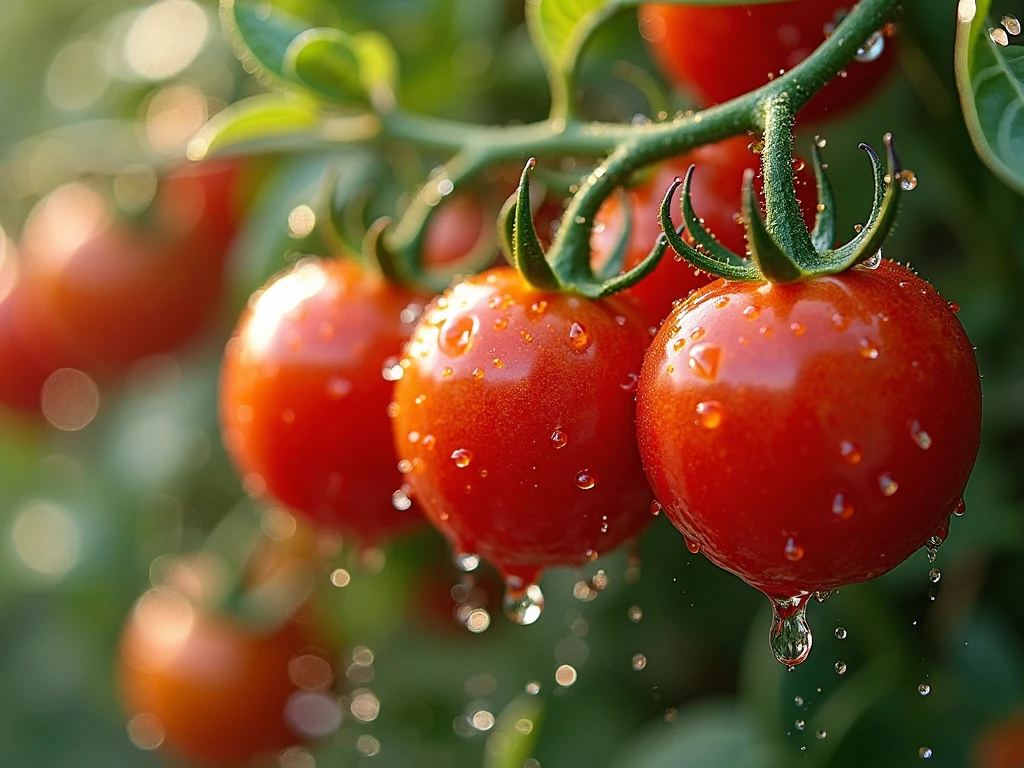 a close-up shot of a ripe tomato, showcasing its vibrant red color, glossy skin, and the tiny droplets of water on its surface