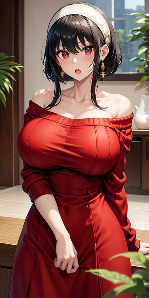 masterpiece, yor, 1girl, solo, looking at viewer, open mouth, black hair, red eyes, dress, bare shoulders, jewelry, collarbone, sidelocks, hairband, earrings, indoors, off shoulder, :o, sweater, arms behind back, plant, short hair with long locks, white hairband, off-shoulder dress, sweater dress, off-shoulder sweater, red sweater, big side hair, very long side hair,(big tits:1.4), (huge tits),cleavage,(upper body),(nipples)