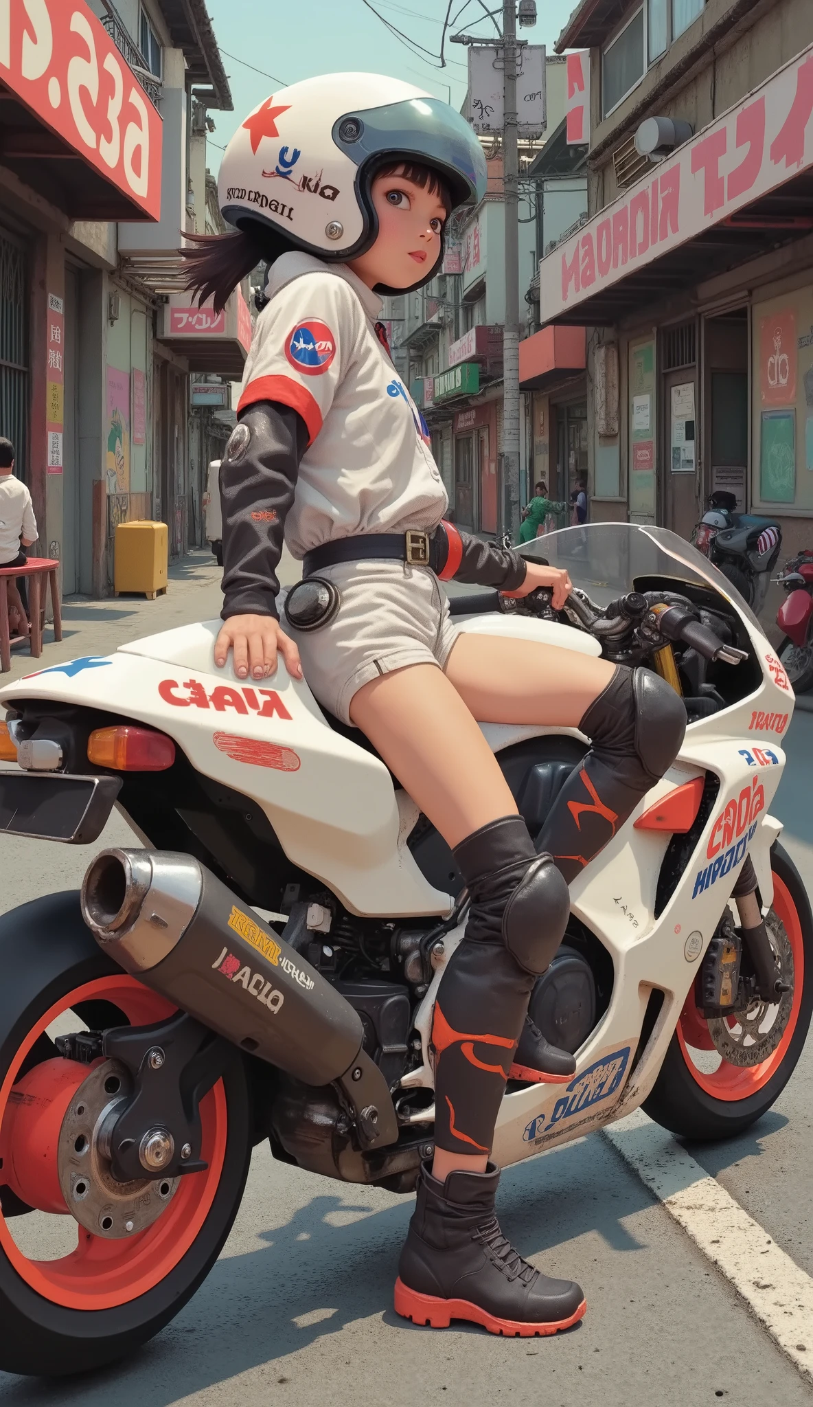 dutch angle 、Bulma、The confident girl is also wearing futuristic, Mr.々decals including branded stickers, A glossy white motorcycle with, atari, And something similar to NASA. She's wearing a bright white jumpsuit and、with lots of patches and symbols, racing gear, with knee and elbow pads. wearing a bright white jumpsuit and, motorcycle designs. A big , they may be a delivery person or technician in a cyberpunk setting. I'm also wearing stylish black and red sneakers, stylish white and orange sneakers create a contrasting backdrop that highlights the boldness of the character and vehicle. futuristic cities enhancing the atmosphere of Japan.Akira Bike、Bulma
