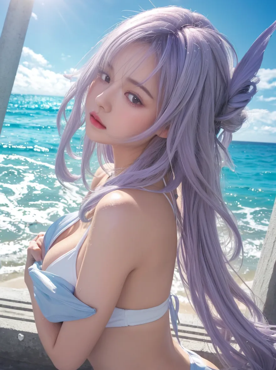 1 girl,purple long hair,white Swim suit,litle smile,purple eyes, beautiful skies, on beach