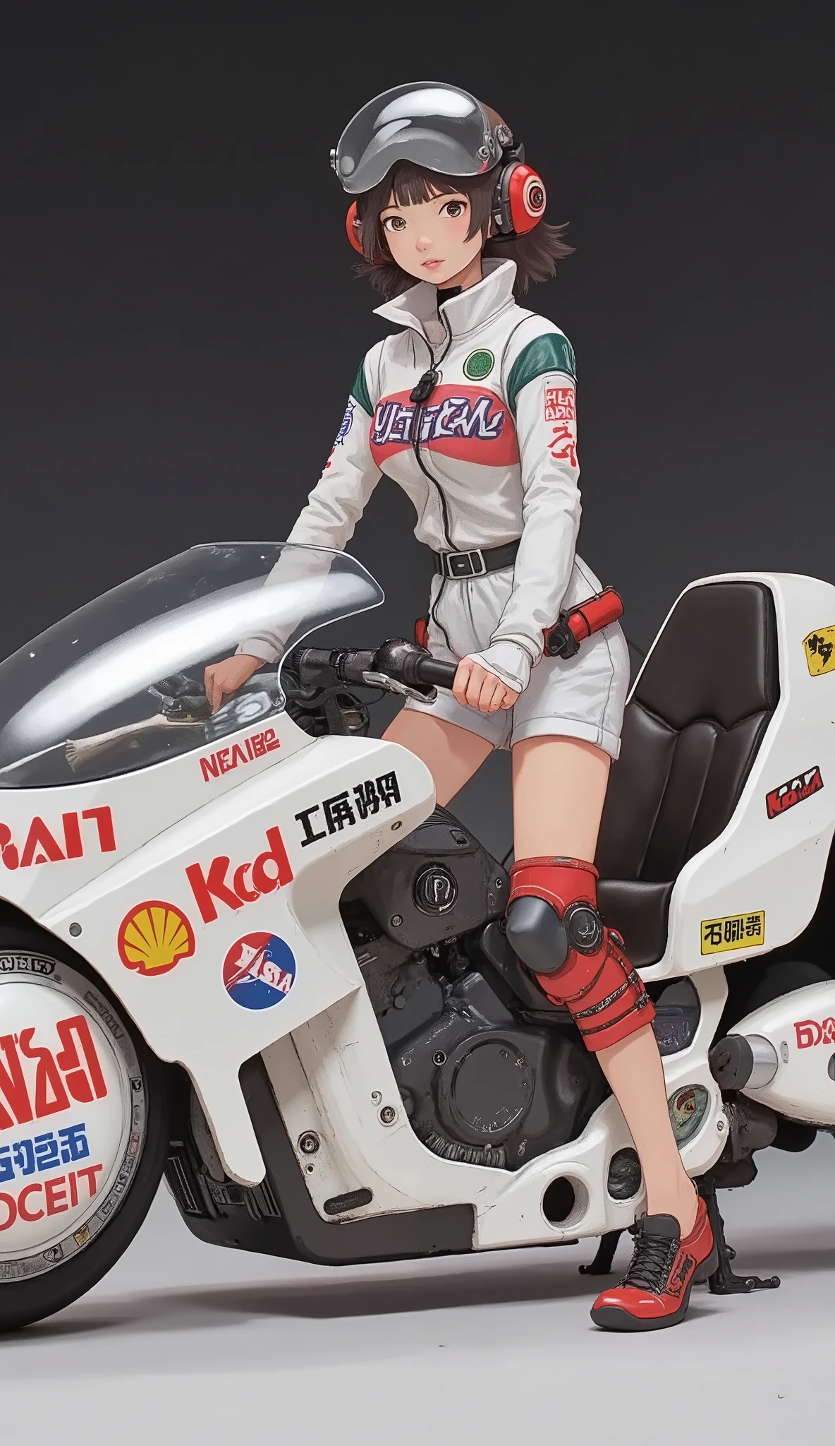 dutch angle 、Bulma、The confident girl is also wearing futuristic, Mr.々decals including branded stickers, A glossy white motorcycle with, atari, And something similar to NASA. She's wearing a bright white jumpsuit and、with lots of patches and symbols, racing gear, with knee and elbow pads. wearing a bright white jumpsuit and, motorcycle designs. A big , they may be a delivery person or technician in a cyberpunk setting. I'm also wearing stylish black and red sneakers, creates a contrasting backdrop that highlights the boldness of the character and vehicle. futuristic cities enhancing the atmosphere of Japan.Akira Bike、Bulma
