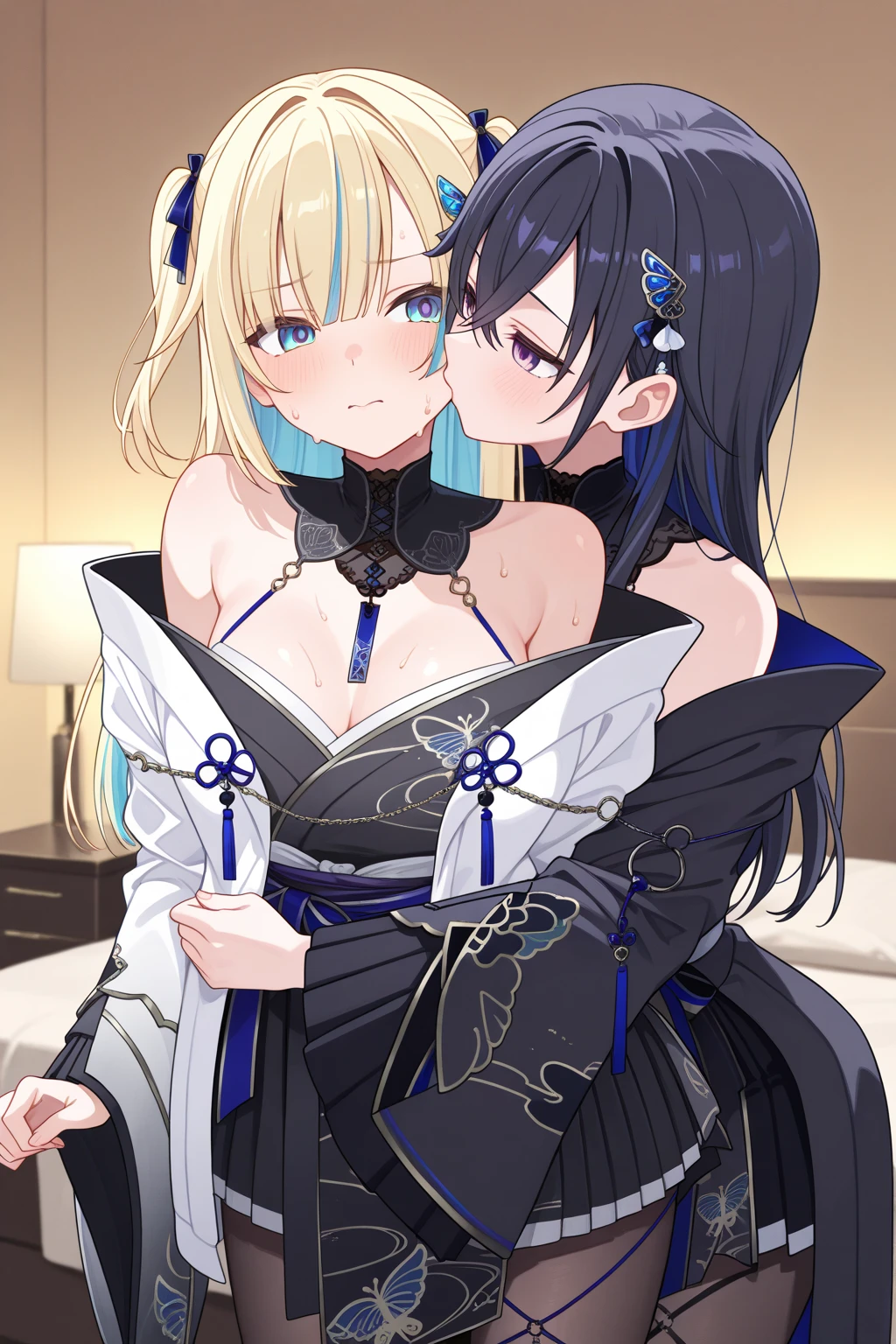 unparalleled beauty,perfect face、bedroom、lie on the bed、(two girls、too big breasts),Height difference、A muscular girl hugs a normal-sized girl、perfect eyes、blue eye、 Xin Haicheng、animal ears、Animal tail、a blonde and a black hair、In underwear、pajamas、how would it look then'Sleeping、kiss