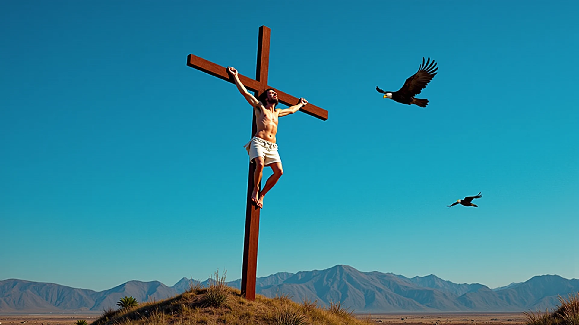 Make an image of Jesus on the cross with nine white eagles flying in a blue sky and large beige-colored rocks.