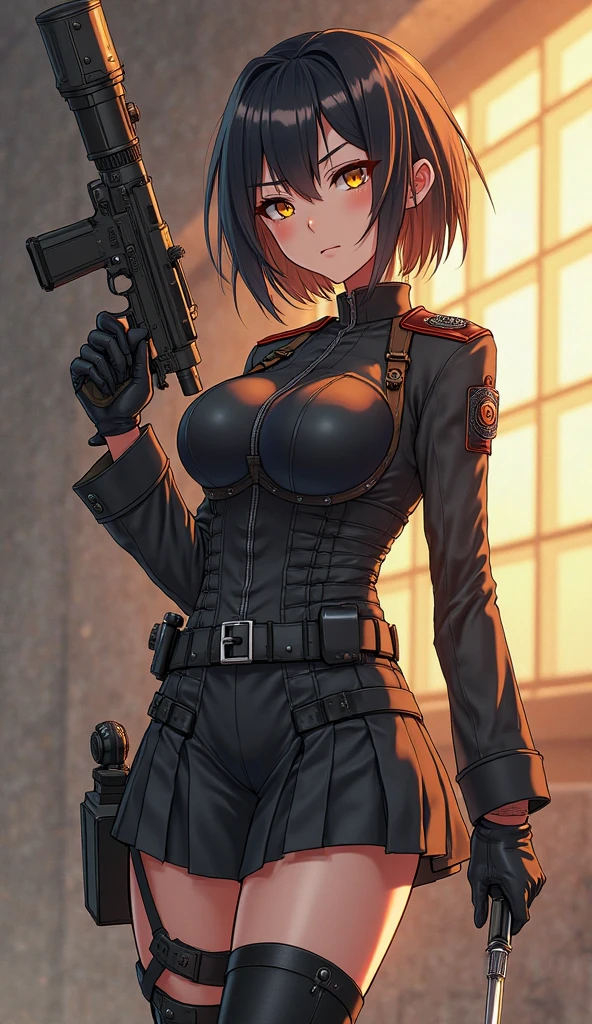 (Masterpiece, 8k, Best Quality, Highly detailed, depth of field:1.4), 1girl, black hair, black pantyhose, blue eyes, blue headwear, breasts, capelet, gloves, flinlock gun, hair between eyes, handgun, hat, hat feather, holding, holding gun, holding weapon, aiming at viewer, large breasts, long hair, looking at viewer, pantyhose, ponytail, revolver, shirt, skirt, solo, standing, thigh strap, weapon, white gloves, (skirt lift:0.8), panties, blush, seductive face, licking lips, sly smile, shy face, questionable, nsfw