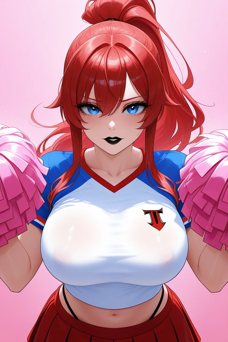 Nishikino maki, curvy body, smile, cheerleader custom, midriff, cowboy shot,big breasts, cleavage,bent over