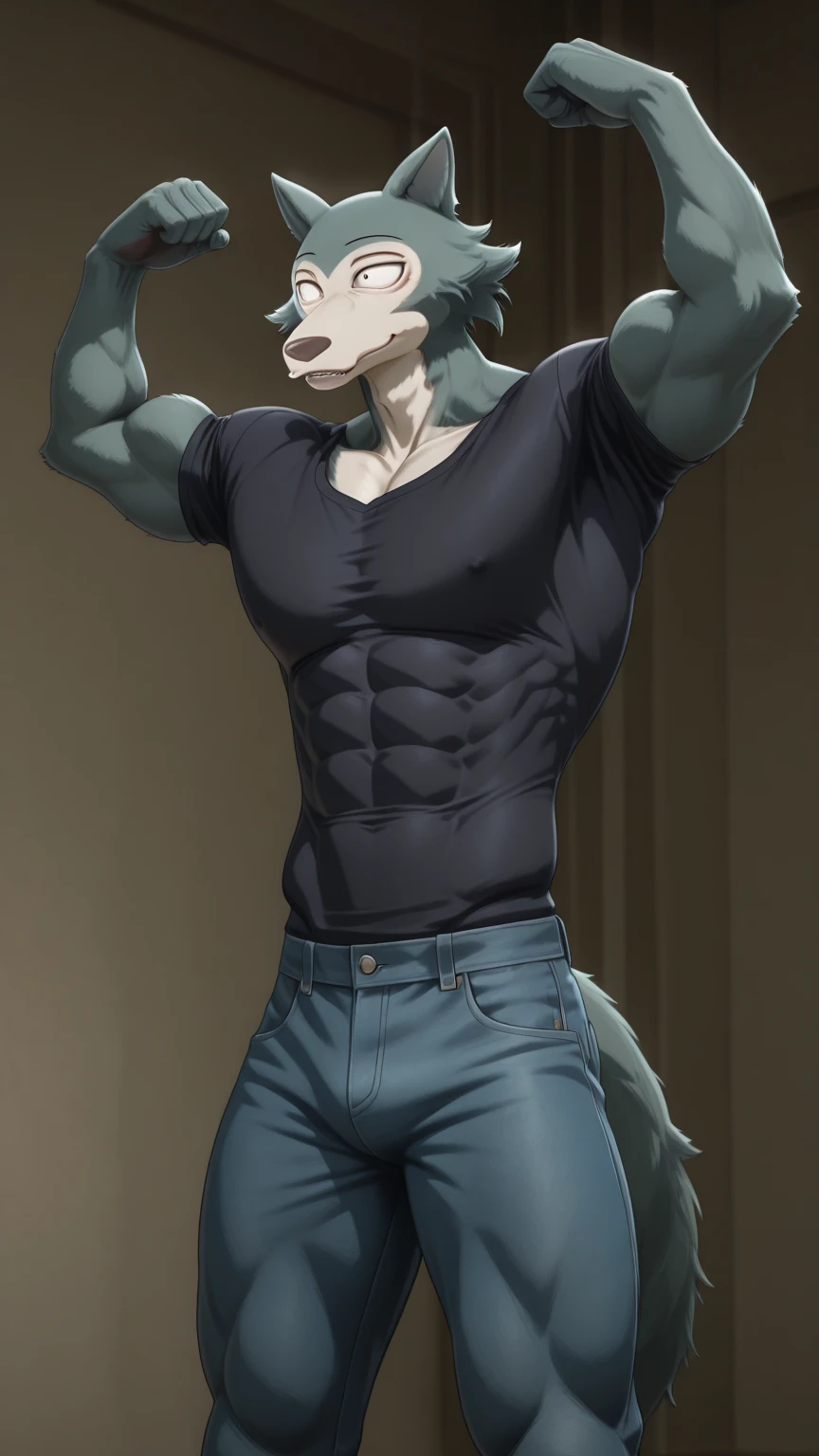 UHYEAH, light purple fur, completely white eyes, white, white fedora with purple ribbon, black pants, shirtless, abs, pecs, smug smirk, hands behind head,