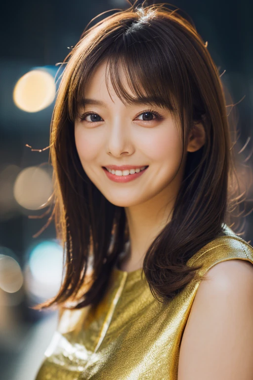 1 girl, (wearing a green glitter dress:1.2), (RAW photo, highest quality), (realistic, Photoreal:1.4), table top, very delicate and beautiful, very detailed, 2k wallpaper, wonderful, finely, Very detailed CG Unity 8k 壁紙, Super detailed, High resolution, soft light, beautiful detailed girl, very detailed目と顔, beautifully detailed nose, Finely beautiful eyes, cinematic lighting, night city lights, Fantastic illumination, perfect anatomy, slender body, small, smile