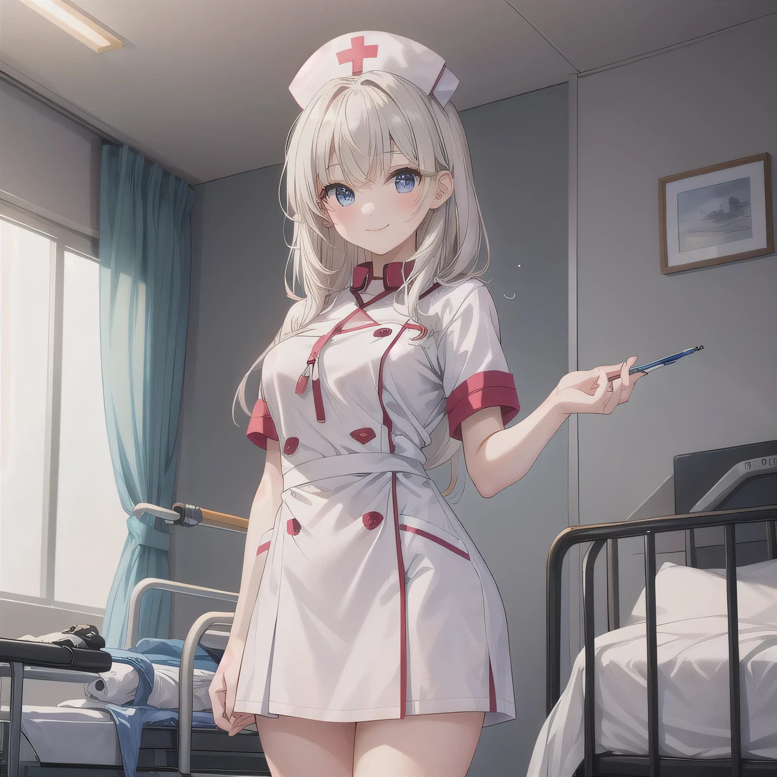 A breathtakingly beautiful 20-year-old woman stands in a warmly lit hospital room, dressed in a white mini-skirt nurse uniform with a matching cap. Her shy smile adds a touch of charm, while the surrounding medical equipment and furnishings create an authentic yet welcoming atmosphere. 白髪、黄色い瞳、短髪、猫耳。