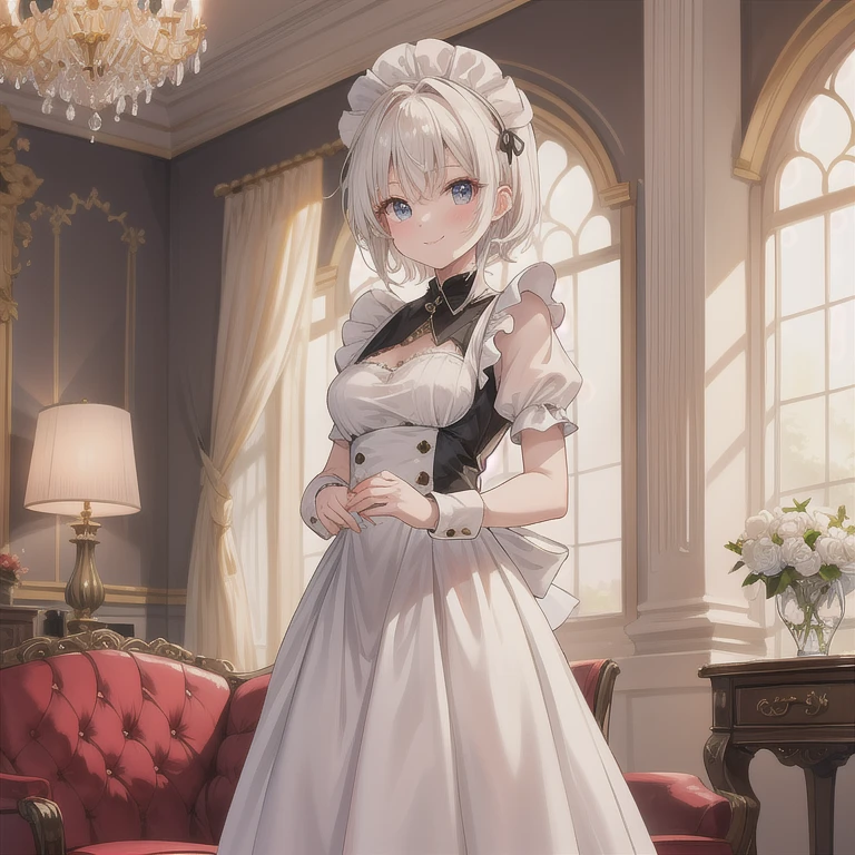 Tabletop High resolution Best image quality 8k Adult female Anime Style White long gloves(Elbow hand pockets) cuffs White maid outfit(Strapless)stockings White wolf ears short hair((Shortcuts)(Gray Hair)(Perm)(fluffy)) blue eyes Attractive face((Laughter)(smile)(Open your mouth)) Are standing wave hands