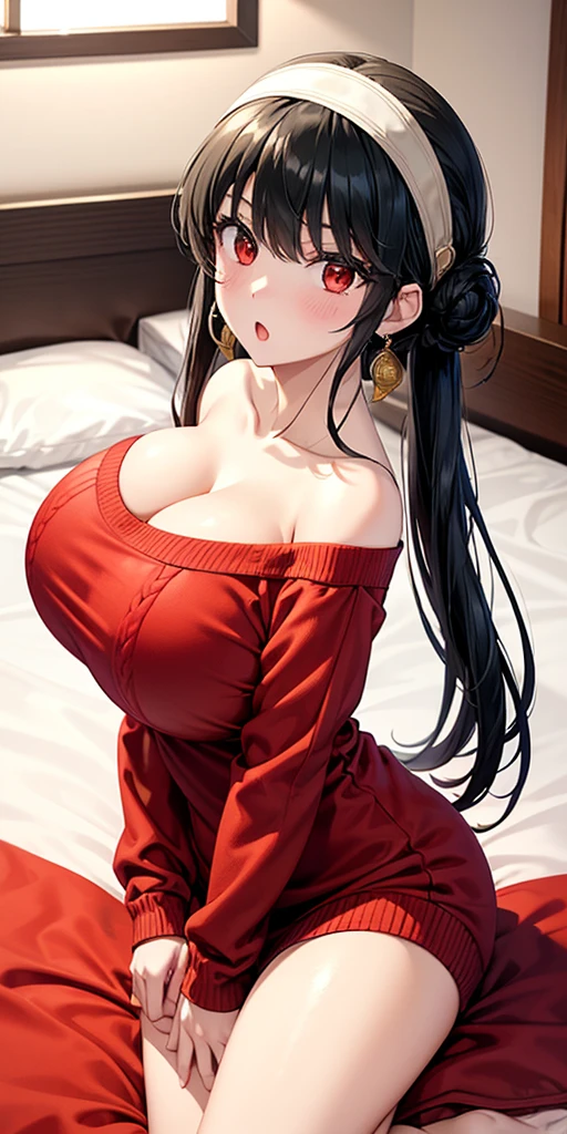 Amazing portrait of a sexy woman with a beautiful face and black hair tied in a bun with smokey eyes lined with an eyeliner and her glossy lips are parted while blushing intensely and smiling wearing maroon kurta pajama with maroon sheer shawl while lying on bed with her head on a pillow facing towards the viewer