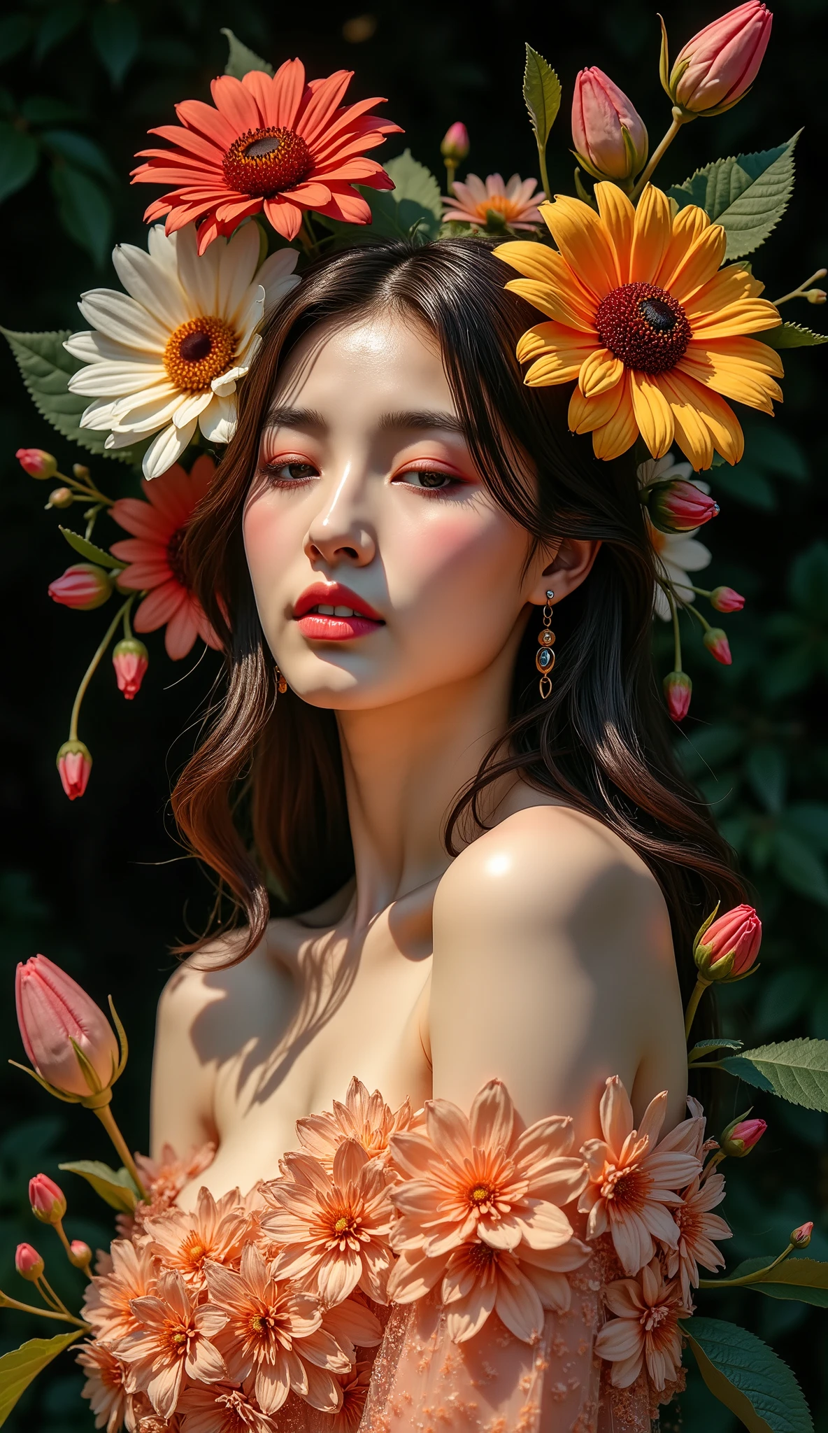 The profile of a woman adorned with flowers and stylized leaves , that merge artistically and fluidly with your body and hair . The color palette is vibrant, with shades of red, predominant yellow and green , especially in the flowers that decorate the head and shoulder of the female figure . The flowers have intricate details in their petals , with fine textures and patterns that stand out , creating an impression of movement and lightness .
The woman has a serene expression, with the eyes closed and a posture that exudes tranquility . The details of the leaves and flowers seem to blend with the skin , creating a connection symbiotic between nature and the human body . The lines are thin and delicate , with a smooth transition between colors, making the image both organic and ethereal . The image has a dark background that further highlights the colorful and illuminated details of the woman and the flowers, creating an impactful visual contrast .
There is a strong sense of harmony between nature and the human body , with an almost dreamlike representation of this fusion .