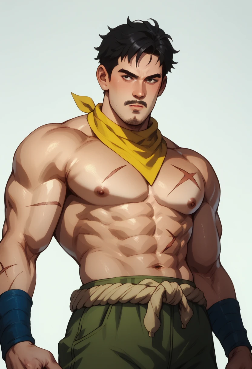 Mighty fighter, chest exposed, lower body unclothed from thighs to feet, adorned with a beaded beard, flowing long curls, detailed muscular physique, photorealistic depiction, 4K resolution. Background: Martial arts dojo,32k uhd, best quality, masterpiece, super detail, high details