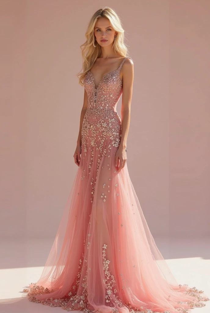 European woman model with hairstyle wearing luxurious pink beaded long dress. Show the whole dress.