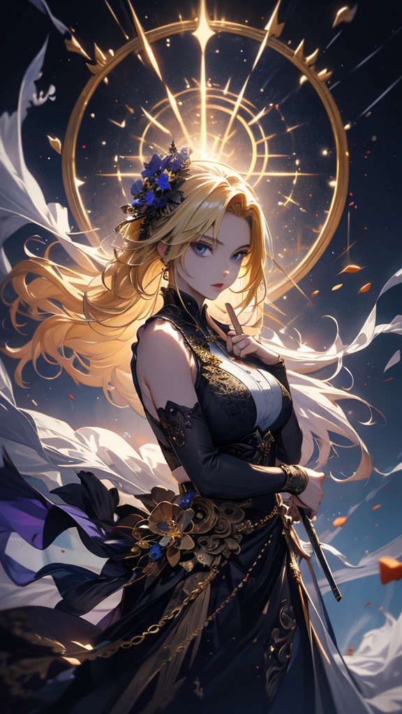 Adult female,long golden hair, purple eyes,aesthetic body, ying yang