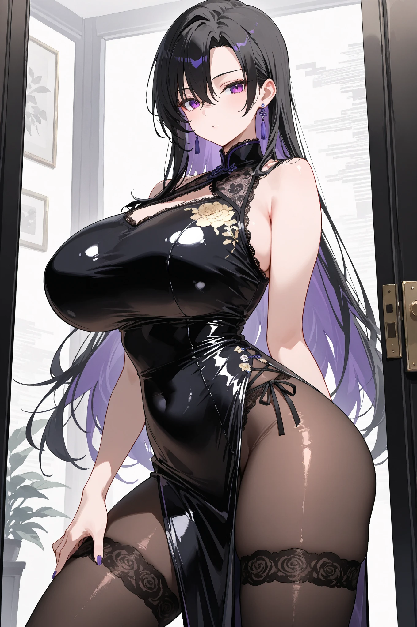 (masterpiece), best quality, highly detailed faces, (SHARP details), 4k, highly detailed, expressive eyes, SHARP detail expressive eyes, (SHARP detail perfect face), long hair, 27 year old woman, standing, modest courtesan dress, dark-blue hair, indoors, clothed, big breasts, mature, voluptuous, (taimanin asagi), modern brothel, prostitute, single flower hair ornament, SFW, ponytail, standing, nice hips, solo