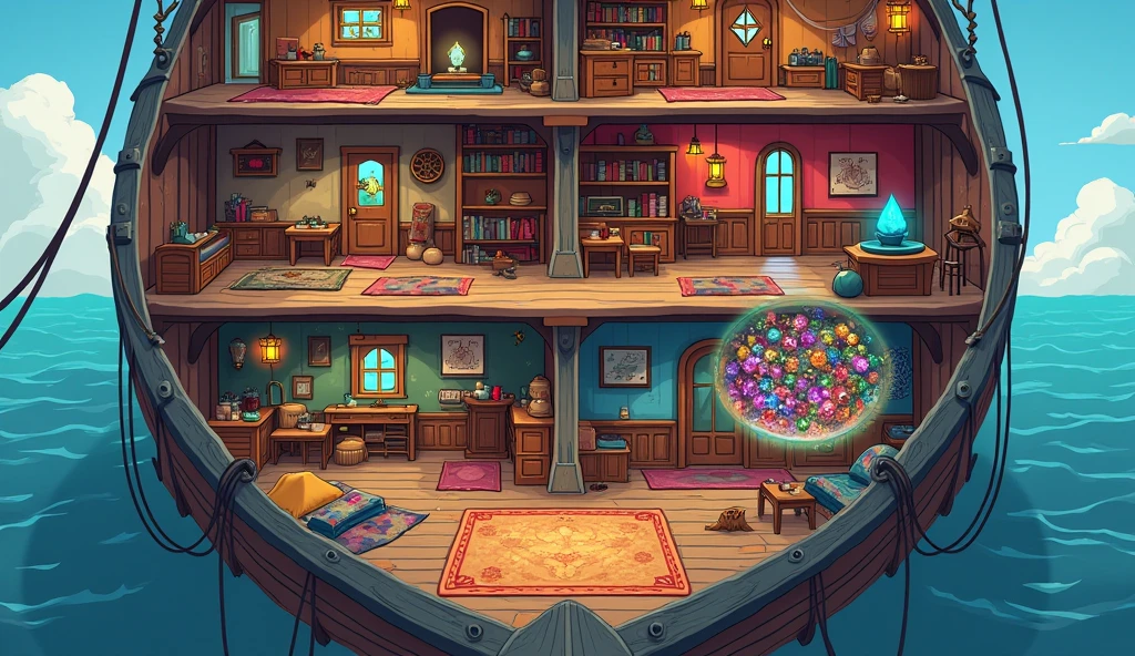 there is a room with a lot of furniture and a big door, interior of a hobbit hole, fantasy Tavern background, interior background art, In his hobbit home, Fantasy bakery interior setting, Detailed game art illustration, fairy tale style background, hobbit hole, background artwork, Game illustration, background art, fantasy alchemist's laboratory, Detailed game art, Tavern background, House of the Elves