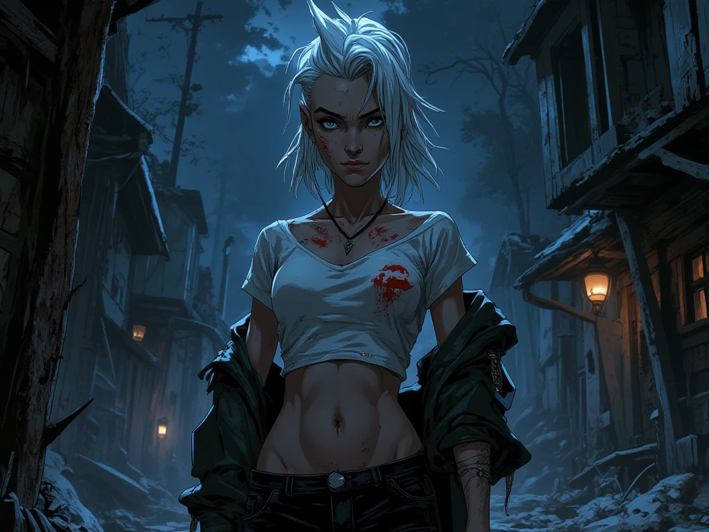 laxasia, ((short hair, white hair, messy hair, facial mark, glowing black eyes, wide eyes, lipstick, makeup, narrow waist, skinny, medium breasts, alone, android,cracked skin,)), pelvic curtain, ((white panties, white bra)), full body, perfect body, (insanely detailed, beautiful detailed face, masterpiece, best quality) , (((solo))), (((1girl))), (((mature))), (extremely detailed 8k paper CG wall unit: 1.1), (castle, rooftop, raining, storm), (evil smile face for the viewer),