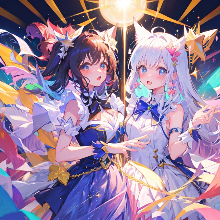 (Highest quality,High resolution:1.2), Vivid light trails drawn with penlights, Light bulb capture function, Artists who draw the trails of light, Vibrant colors, Bokeh, Detailed depiction of light trails, Artistic Expression, Professional, Dynamic pose, Energetic expression, Colorful background, Intense emotions, Charming exchange, Precise movement, Compelling storytelling, Realistic depiction of light and shadow, Vibrant atmosphere, A wonderful composition, Amazing visuals, Intriguing story, Immersive Experience