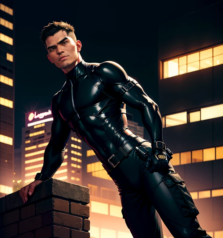 30-year-old handsome man Black bodysuit、Shocker Belt、Black boots、Rooftop、A landing with a great view、Sleeping in a V shape with legs spread、explosion、logic,Gay ,Black Hair、Very short buzzcut。The crotch area of the pants is bulging、I have a gun Scream Sticking out tongue Wandering around My butt hurts