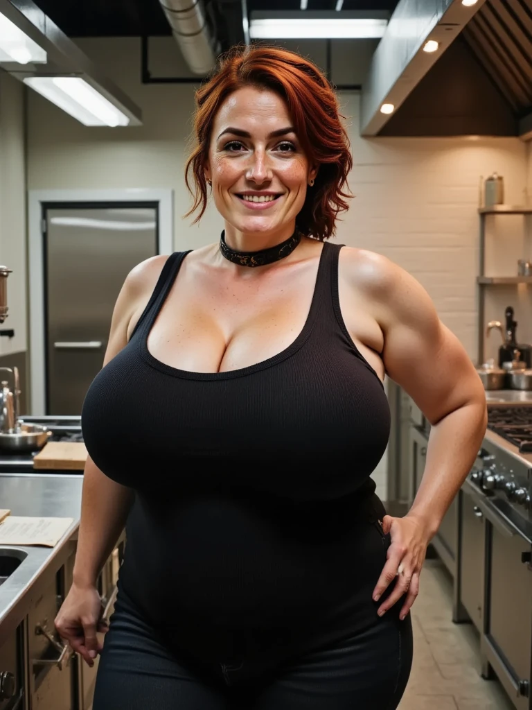 Reminiscent of Evan Rachel Wood, extremely gorgeous milf, chef mommy, a sixty-year-old woman, full figured, with a tall and hefty build, large breasts, a black bun for hair, the ideal amount of chubbiness, and squinting, wearing a short naked cooking apron, she is a master of quality, naughty chef, Working in the kitchen, wearing a naked apron, full body portrait, and the scene is incredibly detailed, busy in cooking, aesthetic,