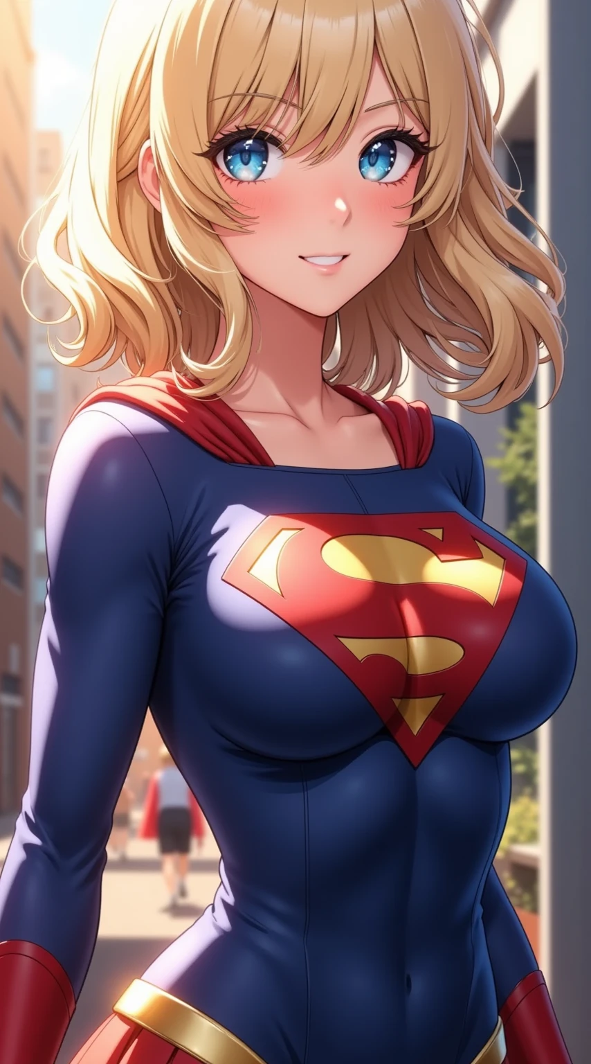 (nsfw), best quality, expressive eyes, perfect cute face, 18yo girl, cute, short wavy hair, platinum blonde, with Pigtails, blue eyes, freckles on her face, wearing a supergirl TAS costume, hard nippy, lift mini skirt, lifted by self, visible pantie, standing, fullbody. granblue fantasy style. Sexy