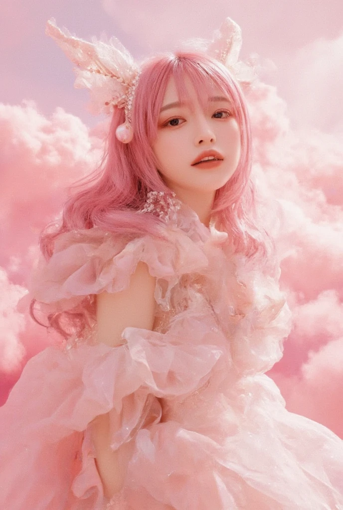 high qulity，4K，detailed detail，Dreamy，hyper realisitc，Up and down opposites，Parallel worlds，Girls fall from the sky，long  white hair，Vertical descent，closing her eyes，Keep quiet，Girl in the Clouds，Pink light and shadow，