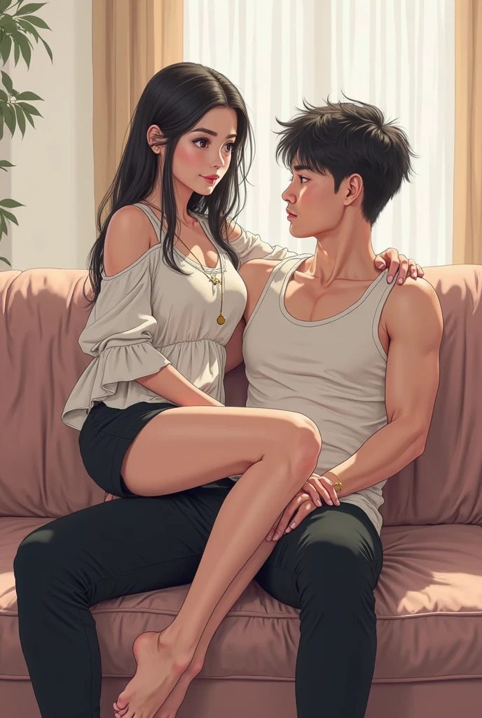 Draw a scene of two beautiful young men cuddling。The first was about 25 years old.、He has a tall, toned and muscular body.、Her blue eyes and jet-black hair are attractive.。He is charismatic」The other one was about 23 years old.、With a slim body for an average height、Blonde hair and green eyes are characteristic.。In college、Passionate and inquisitive in the arts、has a bright positive character。There is a strong trust and deep bond between the two.、Supporting and acknowledging everyone。The scene that is、Draw with a beautiful background。