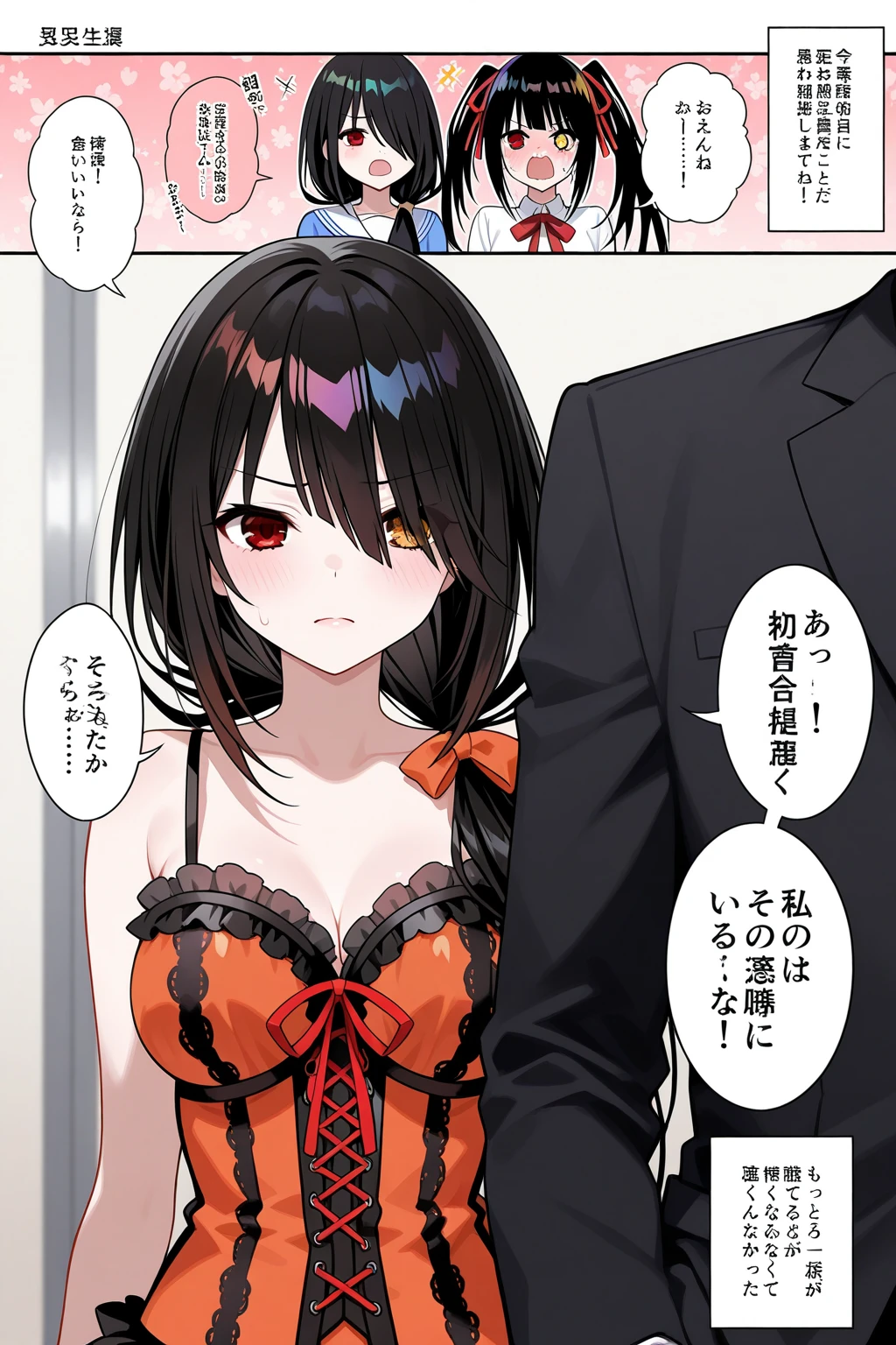 Long black haired girl、２０age、clear、White luxurious lace long slip、In underwear、Sexual violence、fear、resistance、Shyness、Crying face、Standing posture、Men&#39;s Room