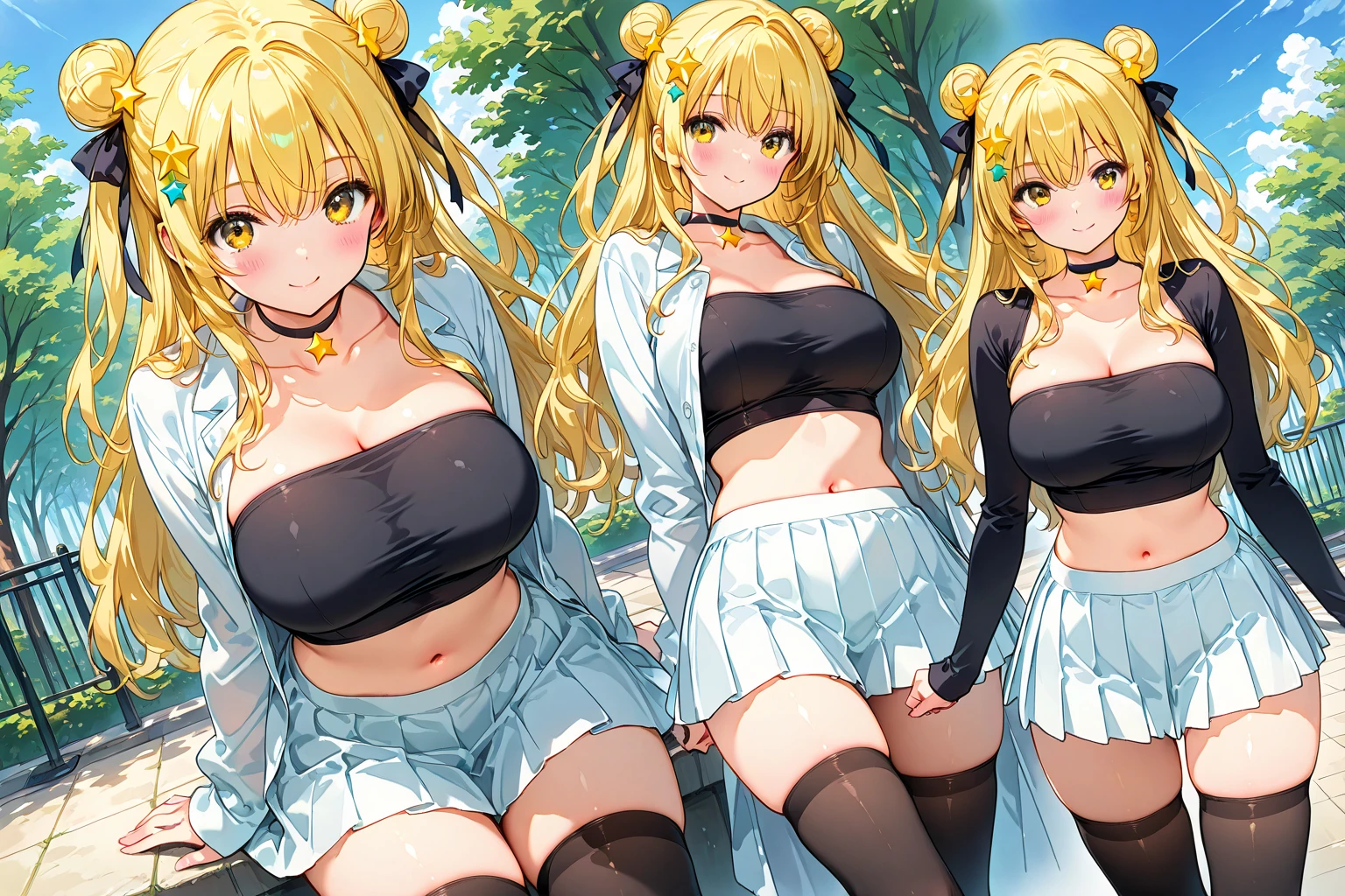 (cute eyes:1.2), (sparkling eyes:1.2), (8K、Best image quality、highest quality、masterpiece)、Detailed face、(girls)、Improve、((Brown Skin:1.3))、blonde、Low Ponytail、Scrunchie、Yellow Eyes、Earrings、Wicked Smile、((Grin)), (glamorous:1.1), (huge breasts:), (loincloth:1.3), Classroom Background, (black stockings:1.2), (Thighs:1.2), (Waistline)