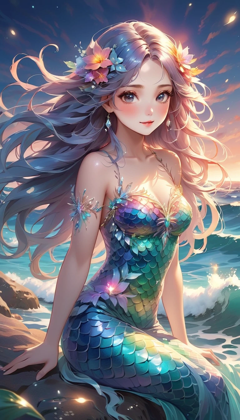 cute 20 year old mermaid with rainbows colored hair with mermaid braids wearing beautiful hair accessoires coming out of the ocean surface, sunset, wears a rainbows glittery mermaid bra, beautiful mermaid, beautiful detailed human face, red lips, alluring eyes, elaborated mermaid rainbow tail, serene, masterpiece, full body shot, highres, high resolution, high quality, intricate details, extremely detailed, incredible details, full colored, complex details, insanely detailed and intricate, extremely detailed with rich colors. masterpiece, best quality, HDR, UHD, unreal engine, High quality, gorgeous, glamorous, 8k, super detail, gorgeous light and shadow, detailed decoration, detailed lines, glittery, fantasy, pretty colors, anime style
